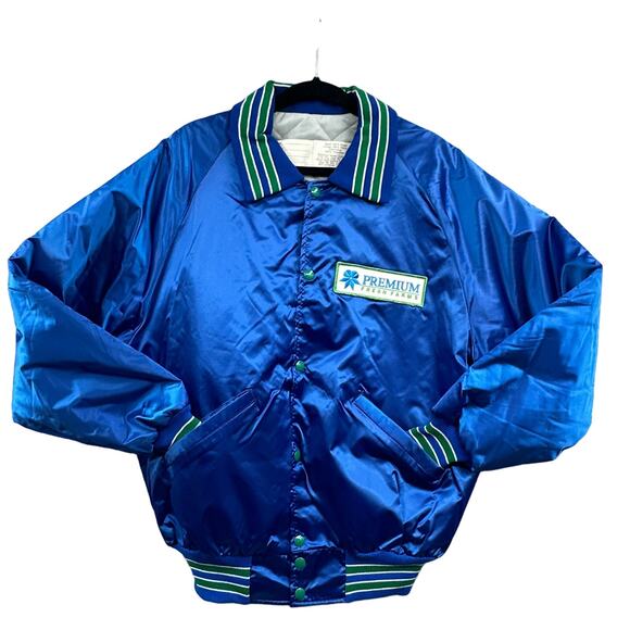 VTG Delong Jacket Lg Satin Quilted Bomber Blue Premium Fresh Farms 80s Retro USA - Picture 4 of 16